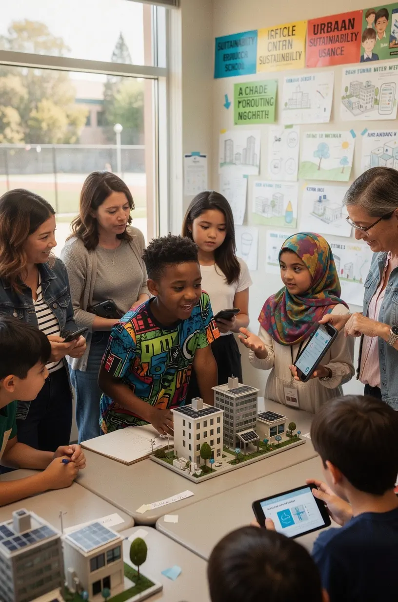Solar panels installed on residential rooftops contributing to renewable energy use in urban Canadian communities