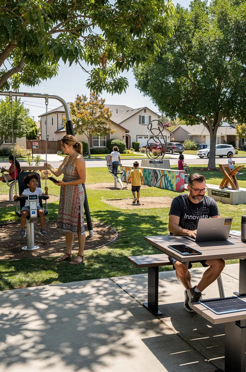 Residents using mobile devices to interact with urban innovation apps that improve safety and convenience in their district.