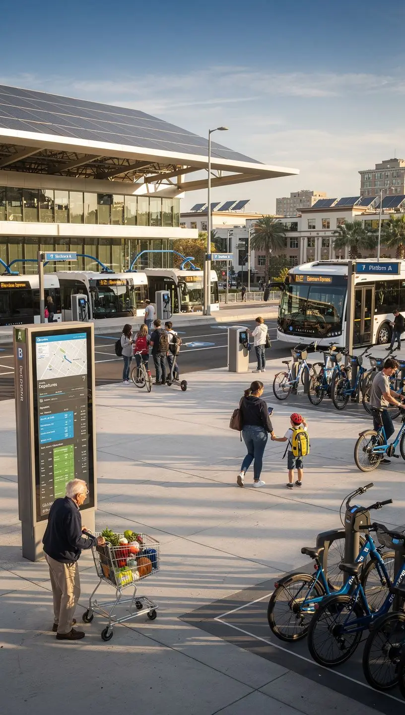Innovative public park featuring interactive digital kiosks and sustainable landscaping in a Canadian city