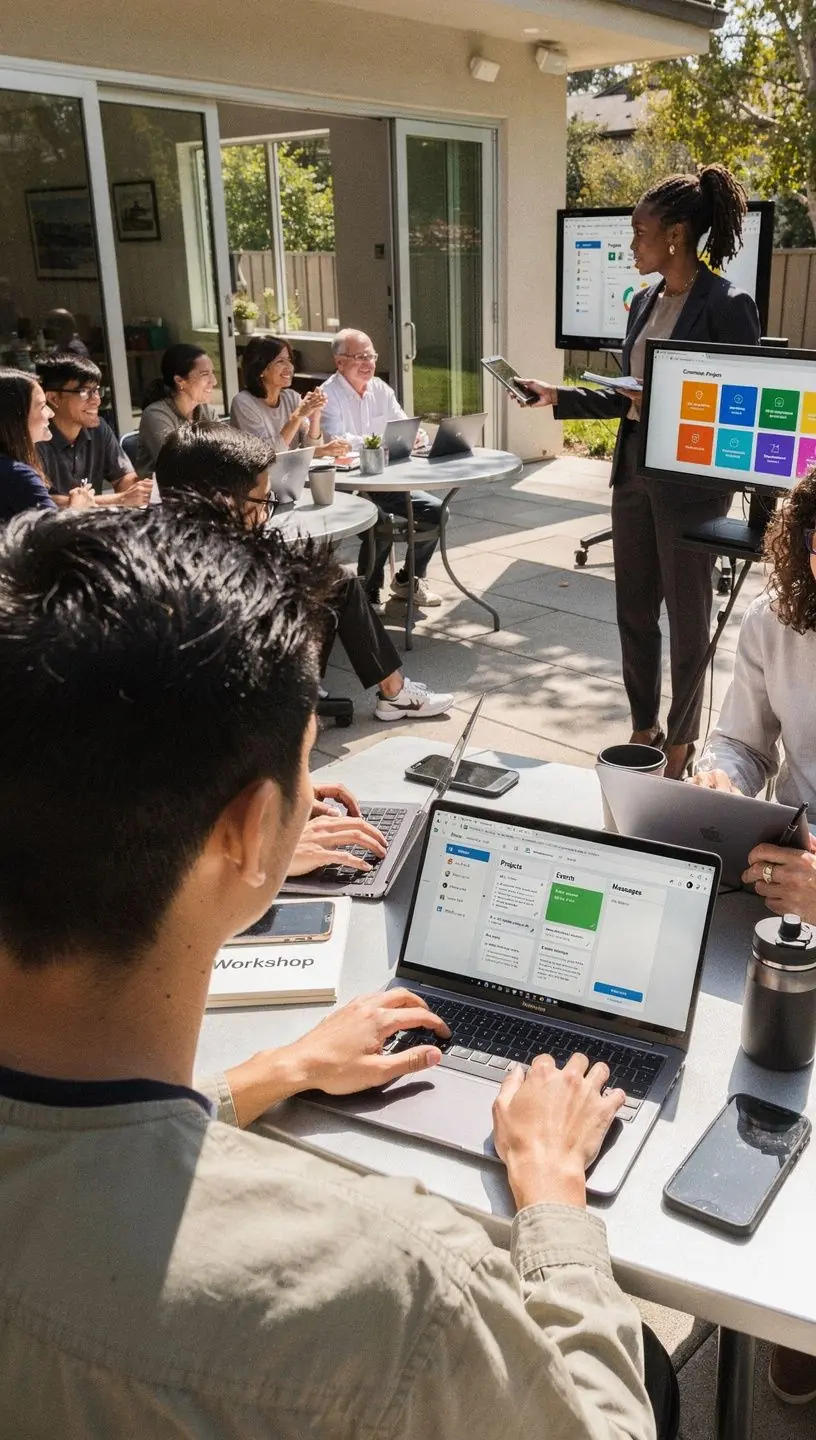 Residents using a mobile app to monitor local air quality and community resources in a smart city environment