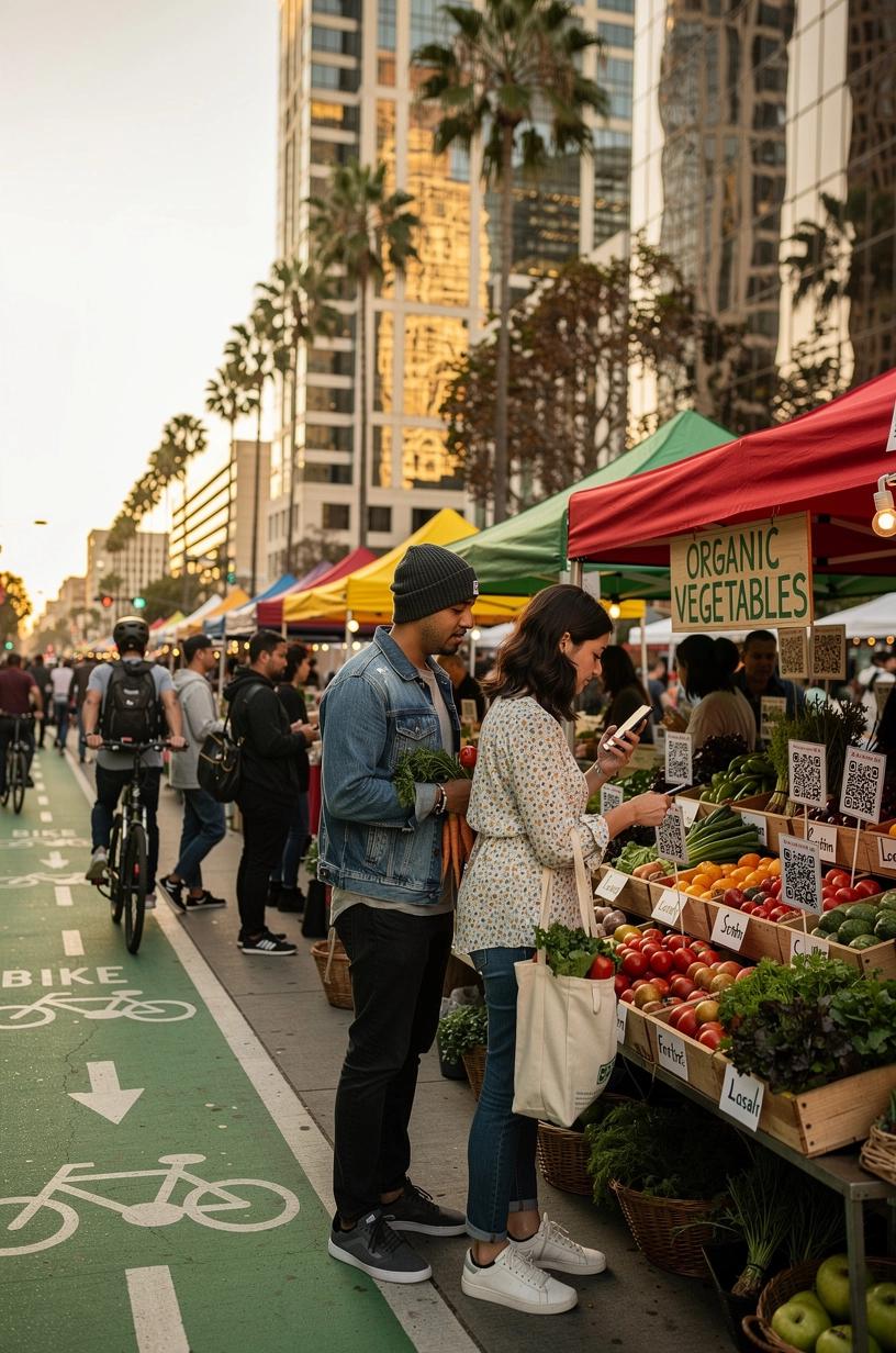 A modern residential neighborhood featuring smart streetlights and eco-friendly technology enhancing community living.